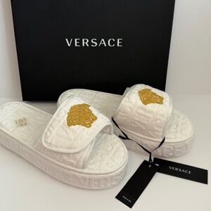 Versace White Medusa Head Fabric platform slippers new / pick size Variety